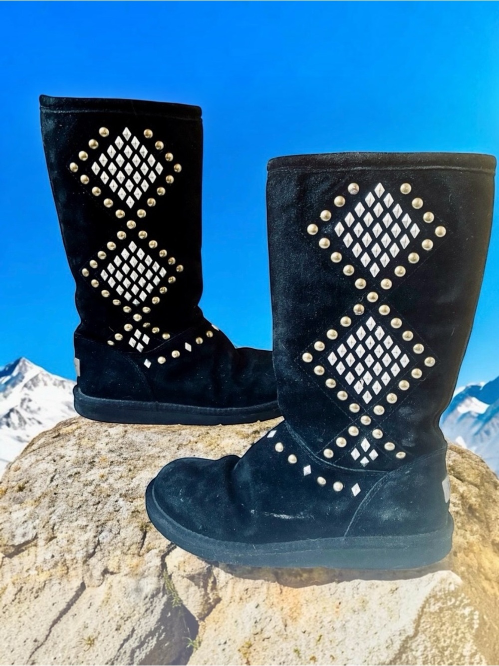 UGG Australia Avondale Black Suede Shearling Tall Boots Studs Side Zip Womens 10